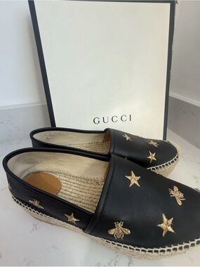 Gucci Black Leather Espadrilles with Gold Star & Bee Embroidery